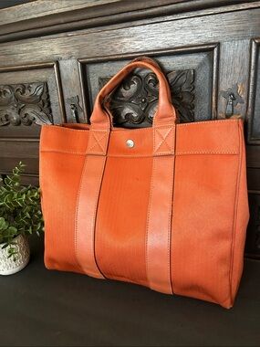 Orange Men’s Canvas Tote Bag with Leather Trim